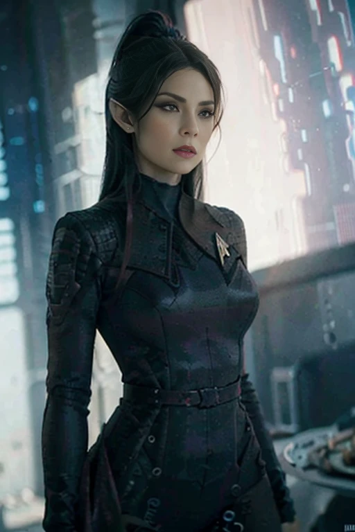 hyper realistic, 16k, best quality, masterpiece, (photorealistic:1.4), 1girl (mix vulcan/orion girl from star trek), elf. Pretty young. Dream aesthetic, goth makeup, red silky hair (realistic texture), pointed ears, realistic eyes, pale-green skin, illuminated skin, realistic shading, (modern) black gothic dress (realistic textures), big hips, tights. waist up, dramatic lighting, from below, front, front view, multiple different poses at different angles, glowing skin, front, back lighting, athletic figure, muscular female, curvy, wide hips, colorful, looking at viewer, Hyperrealistic, gradient background, dark background, outline, cinematic lighting, (chromatic aberration, intricate details)