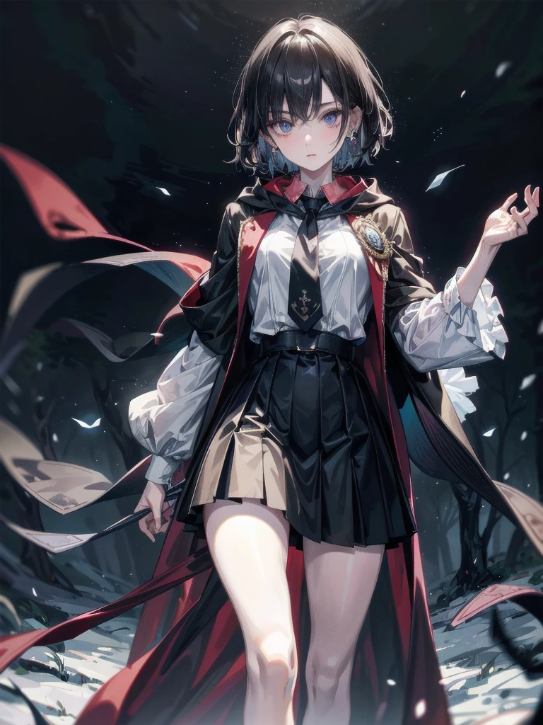 whole body, hogwarts teacher, necktie, cloak, skirt, dark forest, absurdres, RAW photo, extremely delicate and beautiful, masterpiece, Best Quality, ultra high resolution, 32k, hyperrealistic, ultra-detailed, detailed description, pale skin, 20 years old, detailed beautiful face and eyes, tearful mole, earring, Colossal tits, short medium hair, wavy hair,