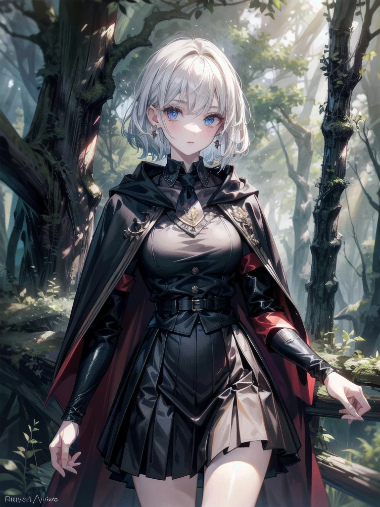 whole body, hogwarts teacher, necktie, cloak, skirt, dark forest, absurdres, RAW photo, extremely delicate and beautiful, masterpiece, Best Quality, ultra high resolution, 32k, hyperrealistic, ultra-detailed, detailed description, pale skin, 20 years old, detailed beautiful face and eyes, tearful mole, earring, Colossal tits, short medium hair, wavy hair,