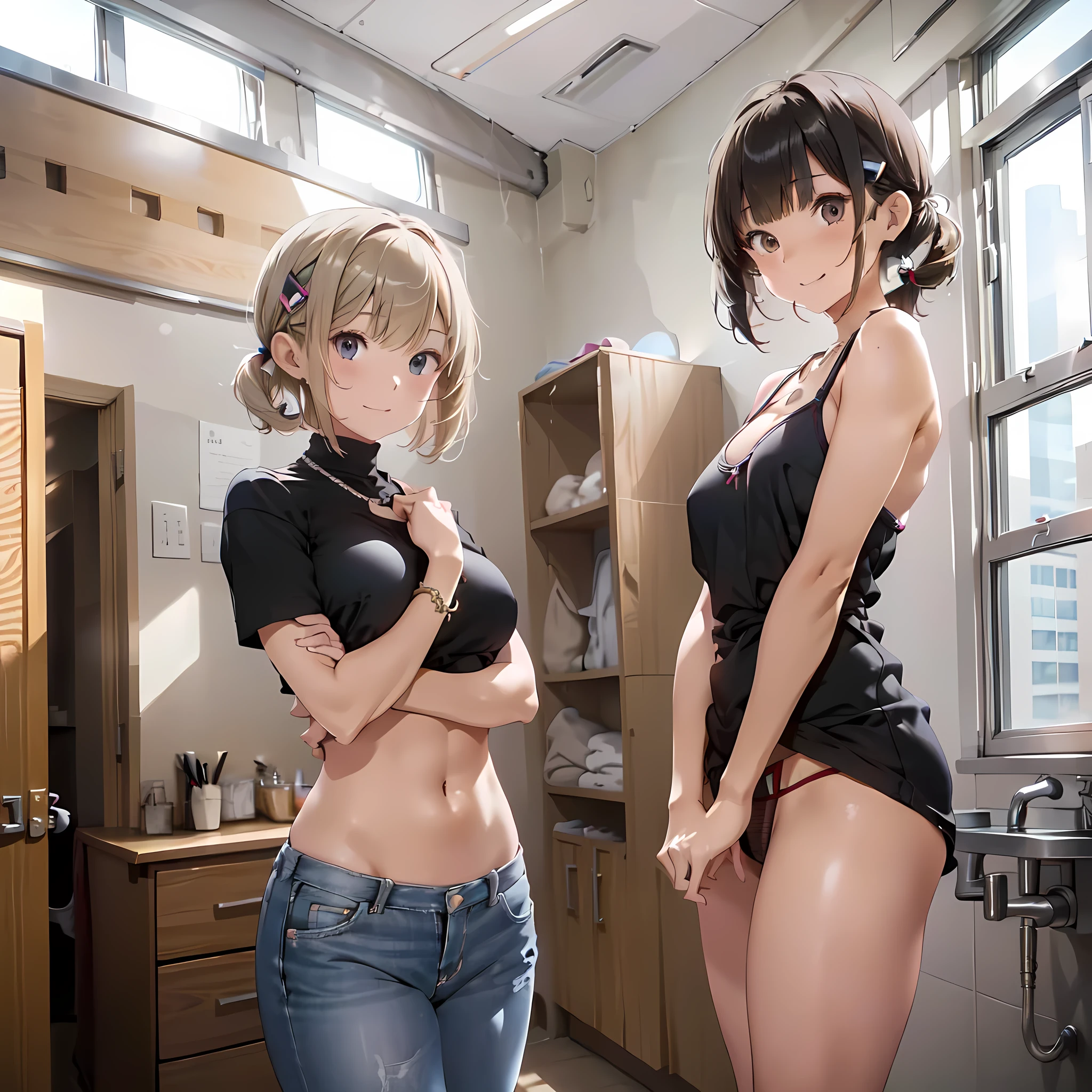 (masterpiece, best quality, ultra quality, high quality, hyper detailed, intricate detailed, perfect anatomy, shiny skin), ((body shot:1.2)), (3women are posing for a camera), (In the school changing room), slender, happy、fun、(Laughing with your mouth open:1.2), brown hair, blond hair, silver hair, navel, jewelry, looking at viewer, necklace, long hair, short hair, Abdominal muscles, (Thong:1.2),straight hair, bob cut, blunt bangs, silky hair, hair clip, hair band, hair ribbon, one-length haircut, ducktail, outward curled hair, French twist hair, twintails, side ponytail, single braid, wavy hair,