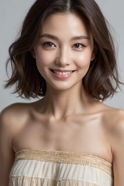 ((highest quality, 8k, masterpiece:1.3)), concentrated:1.2, Beautiful woman with perfect figure:1.4, Stick your butt out:1.2, ((Cut your hair in layers:1.2)), (Medium sized breasts),(Bandeau dress:1.5), Highly detailed face and skin texture, Detailed eyes, double eyelid,Whitening the skin,Long white hair,(Keep your mouth shut:1.3),smile(Large Breasts)