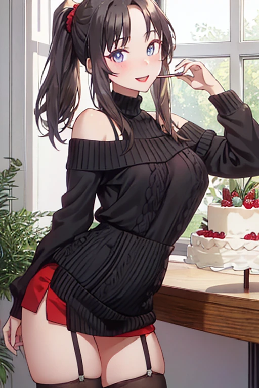 (dynamic angle:1.3, front view:1.1, breast focus:1.3, from below:1.2), (dynamic posing:1.5, sexy posing:1.2, leaning forward), (seductive smiling:1.3), ((looking at viewer, holding a cake)),highest quality、(real、photorealistic:1.4),(ultra high resolution, 8K RAW photo, clear focus), best qualtiy, natural lighting, field depth, (Bright pupils, detailed beautiful eyes, high detailed face), Red lip, (tight focus:1.2, from below), sexy posing, a girl 22yo old, teacher, wearing a , bootyshorts, Thicc, thin breast, long hair, blue eyes,off-shoulder dress, sweater dress, off-shoulder sweater, red sweater,garter stocking, cleavage:1.1, midriff, black shorts, black thighhighs, thigh strap, pretty girl, (highly detailed beautiful face and eyes,firm breasts),real skin,((black,hair,long pony tail hair)),thin pubic hair,cute,lovely, detailed eyes, This masterpiece is only visually stunning but also tells,(double breasted:1.0,under bust:1.0),(with sparkling eyes and a contagious smile),open mouth, Looking at Viewer,