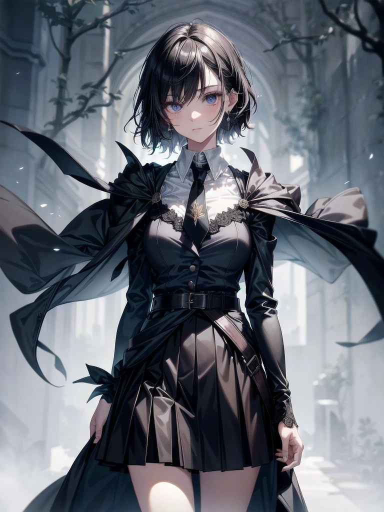 whole body, dark forest, hogwarts teacher, necktie, cloak, skirt, floresta Negra, absurdres, RAW photo, extremely delicate and beautiful, masterpiece, Best Quality, ultra high resolution, 32k, hyperrealistic, ultra-detailed, detailed description, pale skin, 20 years old, detailed beautiful face and eyes, tearful mole, earring, Colossal tits, short medium hair, wavy hair,