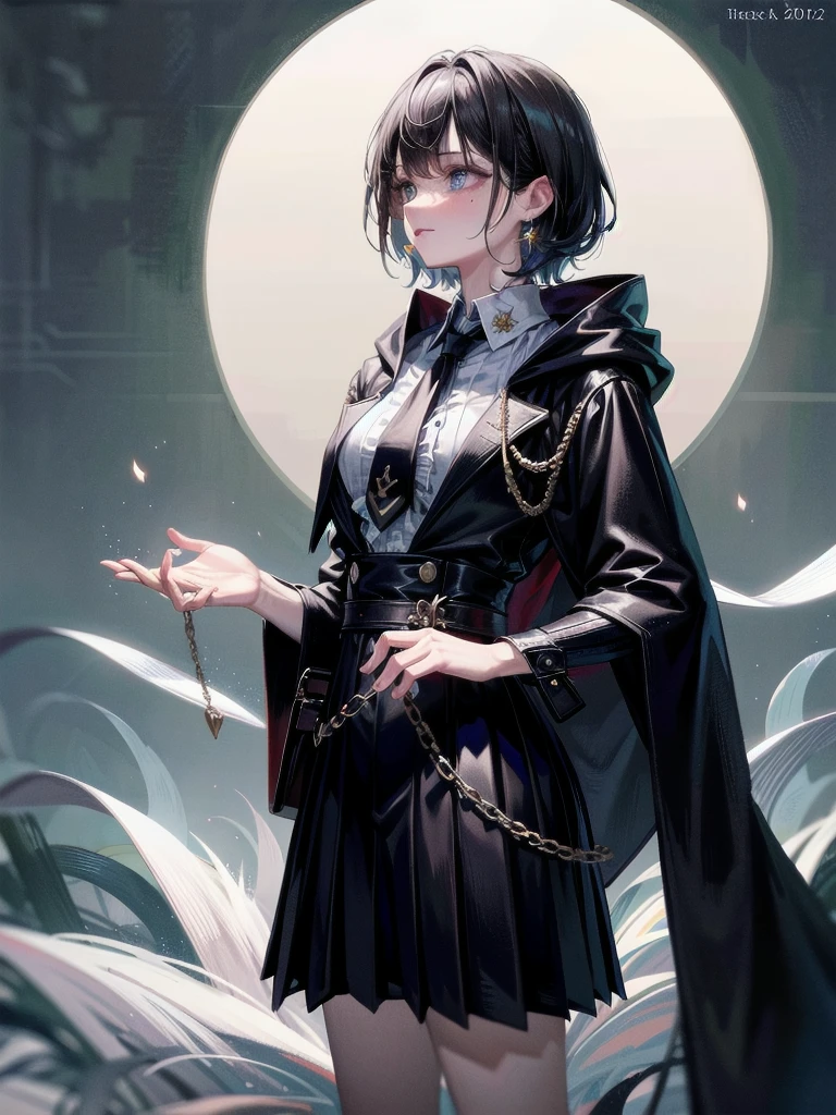 whole body, dark forest, hogwarts teacher, necktie, cloak, skirt, floresta Negra, absurdres, RAW photo, extremely delicate and beautiful, masterpiece, Best Quality, ultra high resolution, 32k, hyperrealistic, ultra-detailed, detailed description, pale skin, 20 years old, detailed beautiful face and eyes, tearful mole, earring, Colossal tits, short medium hair, wavy hair,