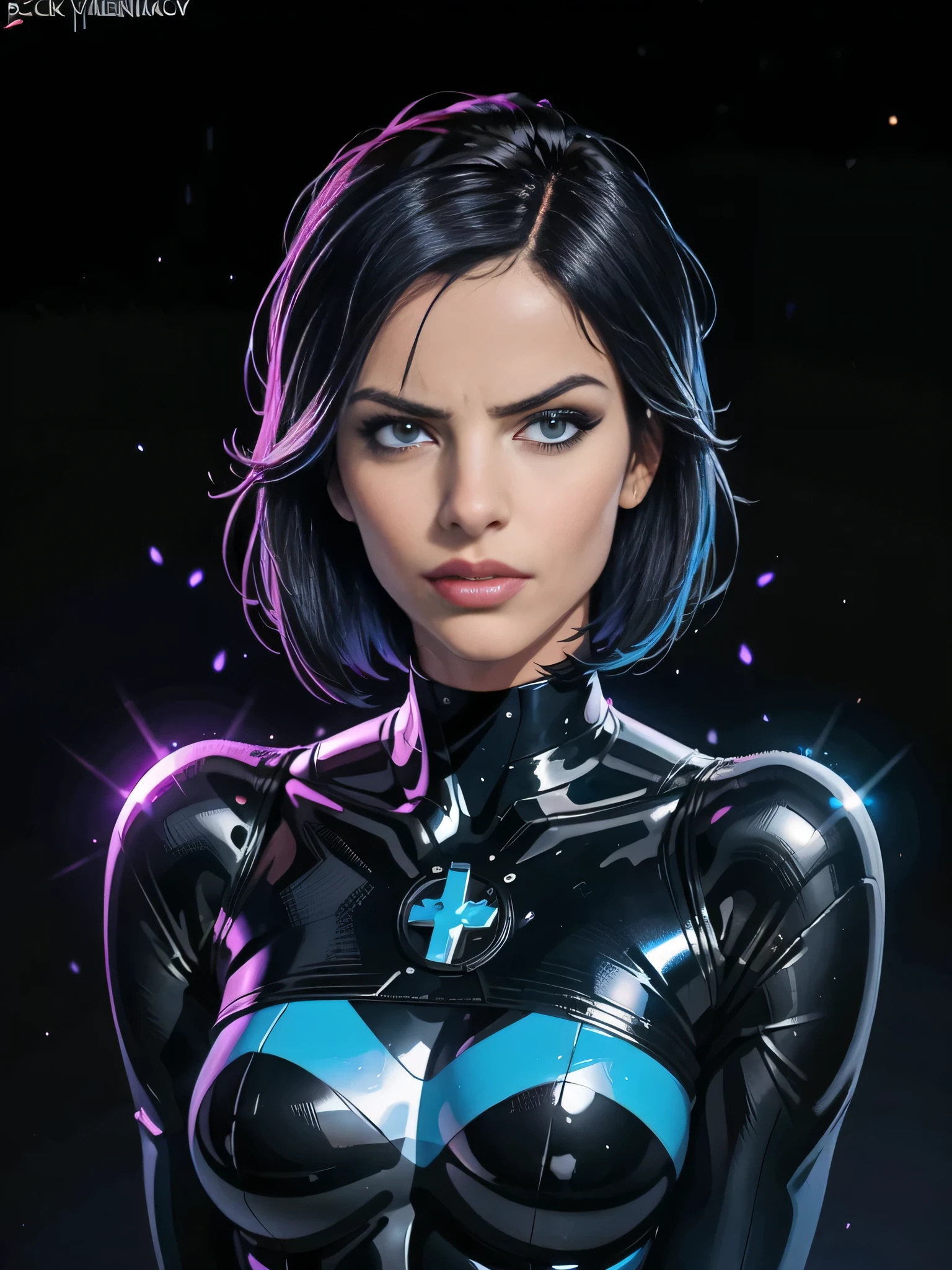 Science Fiction,Sci-Fi,Sci-Fi Movies,Foundation Movie References,Stories about Rebellion,Anti-Government Groups,25-Year-Old Woman, BlackAngelikaQuiron woman, Full Body, Adult,Dark Blue Water-Colored Eyes,Black Bob Short Hair,leather body suit,Serious Face,Realistic Face Resolution,Realistic,Object Resolution, (dark city night black background:1.4)