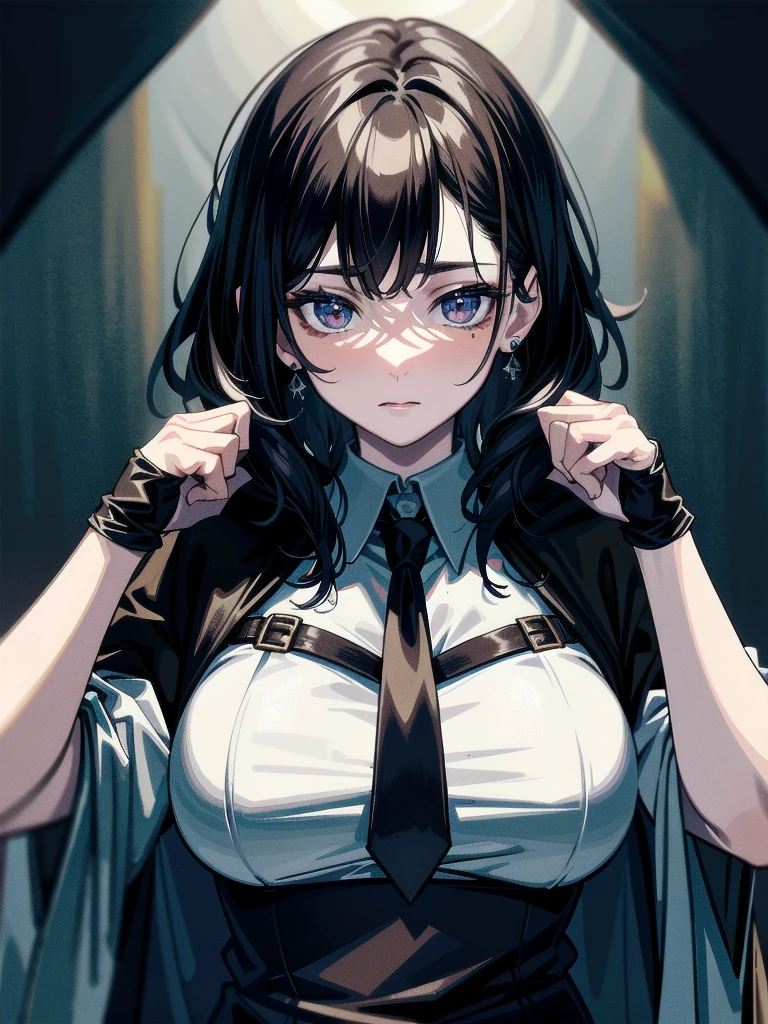 whole body, dark forest, hogwarts teacher, necktie, cloak, skirt, floresta Negra, absurdres, RAW photo, extremely delicate and beautiful, masterpiece, Best Quality, ultra high resolution, 32k, hyperrealistic, ultra-detailed, detailed description, pale skin, 20 years old, detailed beautiful face and eyes, tearful mole, earring, Colossal tits, short medium hair, wavy hair,