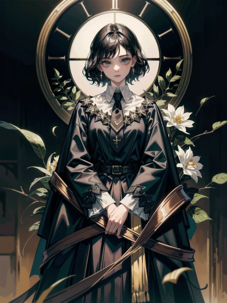 whole body, dark forest, hogwarts teacher, necktie, cloak, skirt, floresta Negra, absurdres, RAW photo, extremely delicate and beautiful, masterpiece, Best Quality, ultra high resolution, 32k, hyperrealistic, ultra-detailed, detailed description, pale skin, 20 years old, detailed beautiful face and eyes, tearful mole, earring, Colossal tits, short medium hair, wavy hair,