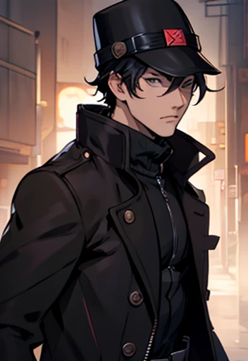 Concept ART, super Hero mask , Human Male Young ager , manga Style  ,Coat , hat , Black hair 