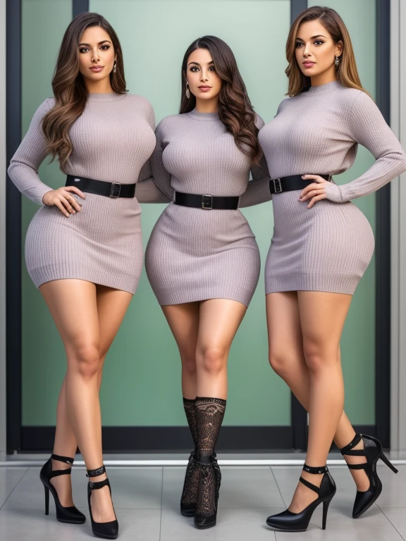 a trio of women, curvatura femenina infinita, detalles altos, retratos de cintura, elegantemente vestida con vestidos tipo jersey y botines, showing immense booty and thighs, highest resolution, The highest level of realism, ultra(megas) nalgas y muslos, shot on 160ns portrait film, --con 1:1 Tres mujeres impresionantes, edad alrededor de los 30, En una escena cautivadora, exudando inmensa feminidad y encanto. Their waists are accentuated by the tight sweater dresses they wear.., resaltando sin esfuerzo sus figuras de curvas. Los botines completan sus conjuntos elegantes.,