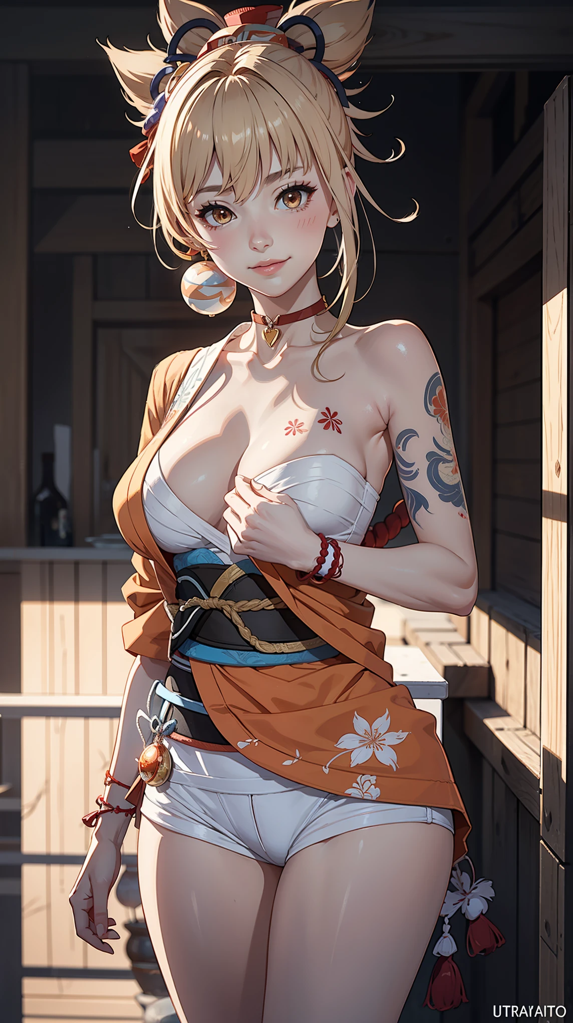 Yoimiyadef, slim body, blush, large , detailed face, ultra detail, 8k, best quality, detailed body, smile, looking at viewer, bare thigh