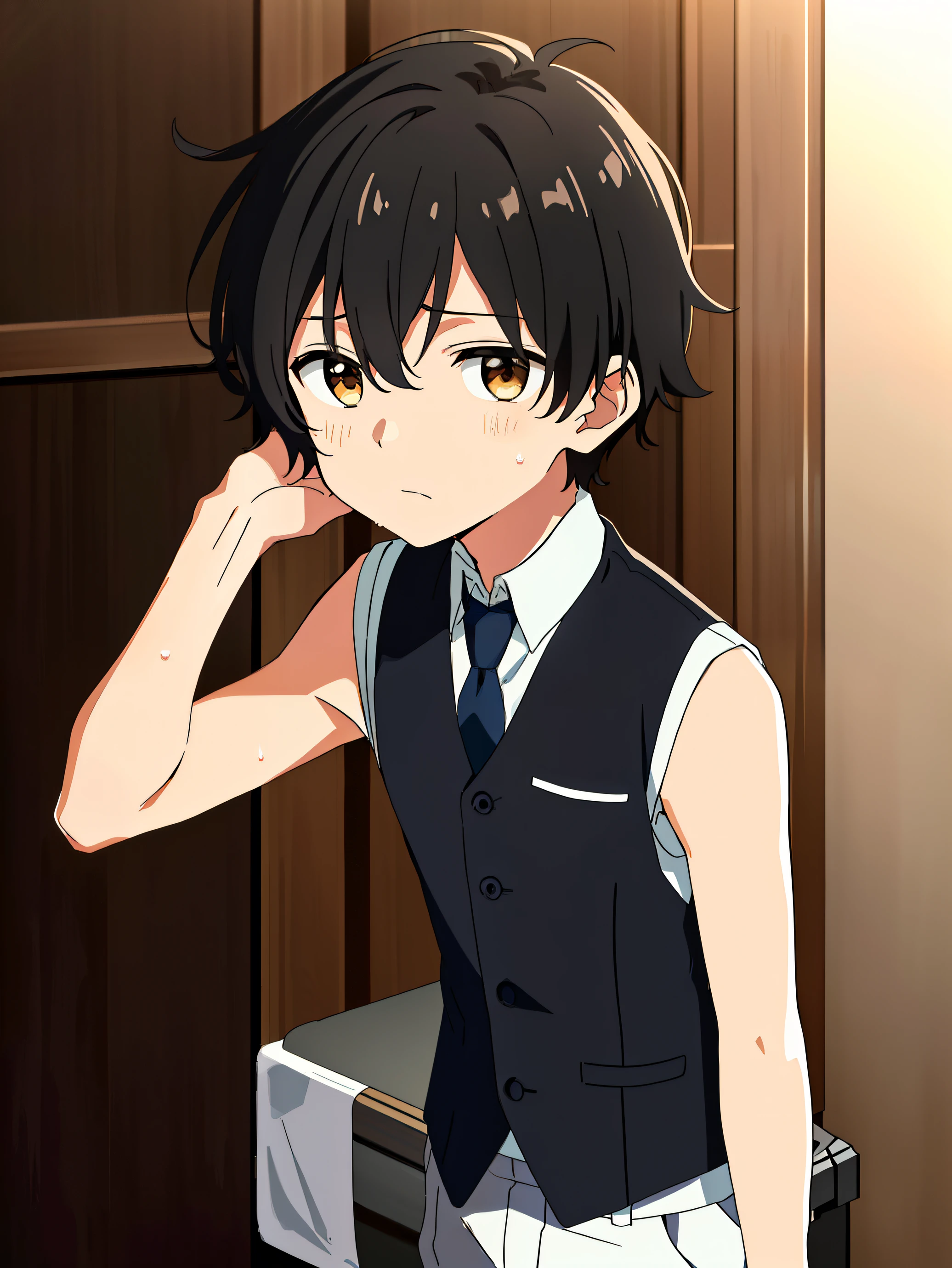 Highres, Masterpiece, Best quality at best,Best Quality,hight quality, hight detailed, 1boy, Boy,Messy hair, Side bangs, Shota, Sweat, Sleeveless vest, Tie, Glove, Depth of field, Anime screencap style, thin line, Seen from the front, Little sweat, Kpop, Cute boy, (very small and short stature), (very young boy), -yeld bo Blurry and simple beckground, bokeh, Uhd