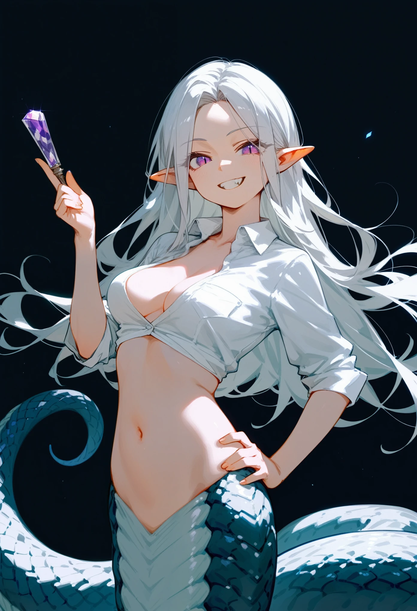 (score_9, score_8_up, score_7_up), 1girl, solo, lamia monstergirl, white scales, white belly, medium breasts, purple eyes, white hair, long hair, parted bangs, pointy ears, hand on hip, white collared shirt, navel, grin, fang closed mouth, looking at viewer, black background, simple background, masterpiece, best quality, sfw