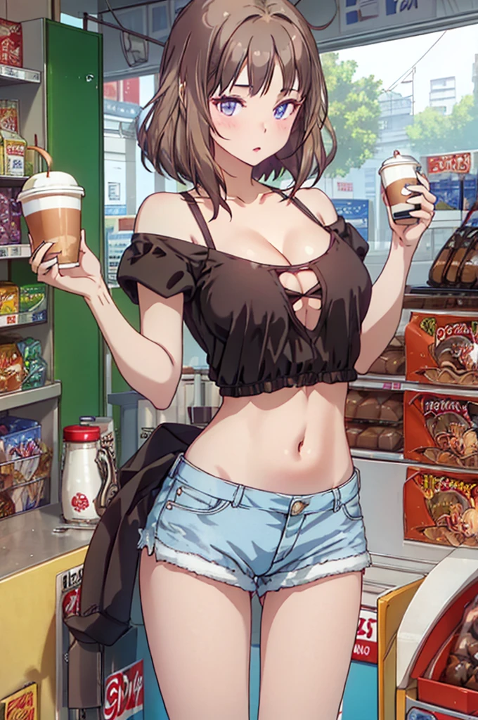 (masterpiece, Best Quality, ultra-detailed, high resolution, extremely detailed CG, official art, Professional Lighting, Perfect Anatomy, anime colors), (from below), looking at viewer, cowboy shot, perfect body, 24yo beautiful 1girl, medium hips, glamorous body,a small face,beautiful-makeup,Makeup light,Shortcut Hair,dark brown hair、Bust b Cup, Amazing Cleavage, thin waist, big ass, Raised sexy, big breast: 1.2 posed cleavage:1.2, (off shoulders,Sportsbra,legginullnude), micro denim shorts, bare legs, nail_polish, pale skin, Waiting friend, (morning:1.5), tokyo, (convenience store:1.3), outdoor, (depth of field:1.3), contrapposto, (Hold a coffee in your hand:1.3),delicate beautiful face, Bright magenta eyes, cute eyes, sparkling eyes, Big eyes, (big breasts:1.3), (perky chest:1.1), (pointed chest:1.3), looking at viewer,