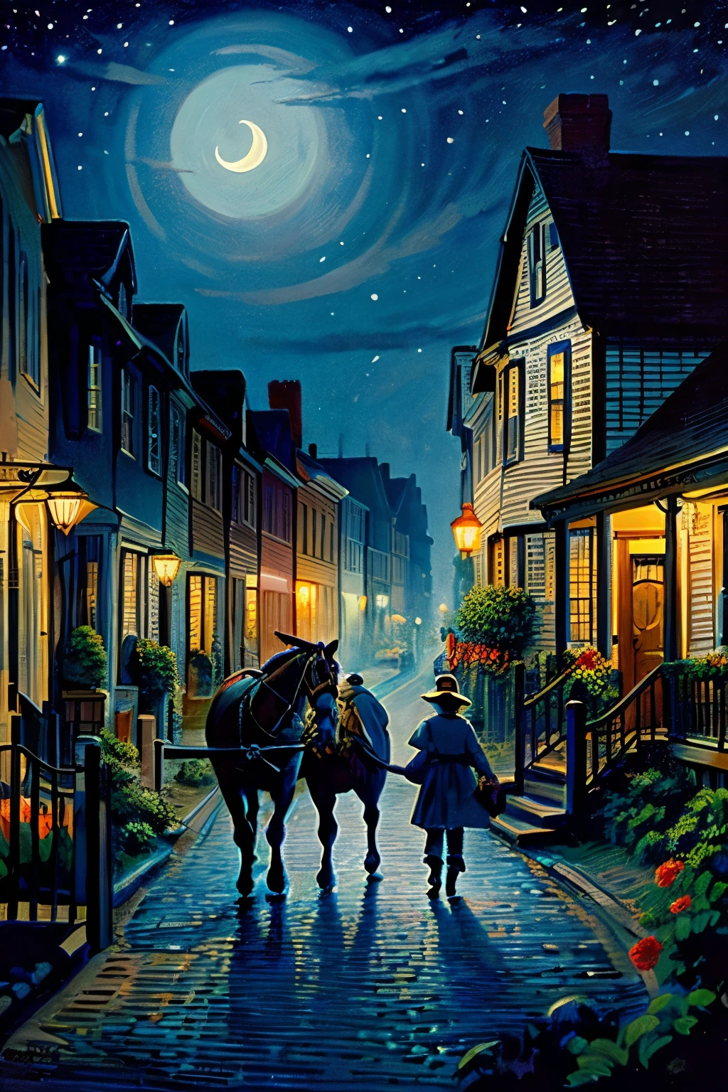 (midnight ride of paul revere, small town, painted, grant, illustration, classic art, detailed, traditional, american, night scene, moonlight, patriotic colors, vibrant, village, quiet, peaceful, historical, old-fashioned architectural details, vivid colors)