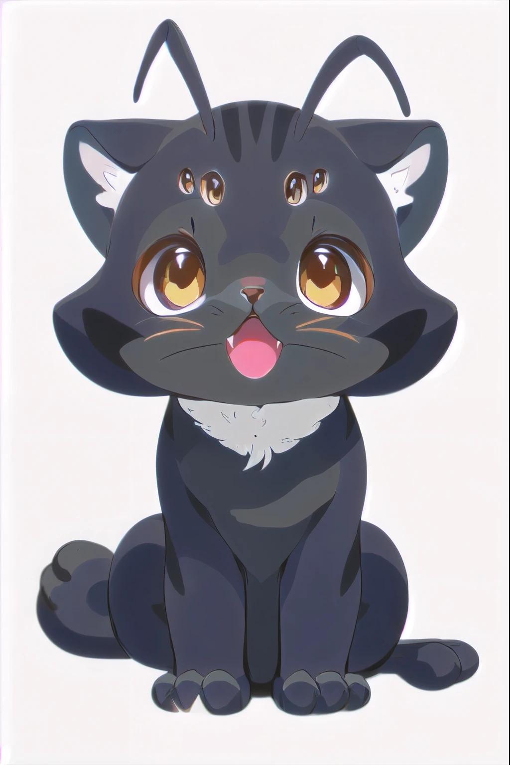cartoon black cat with white fluff and eyes sitting on the ground, anime visual of a cute cat, anime cat, realistic anime cat, kawaii cat, cute anime catgirl, sora as a cat, anime catgirl, fat chibi grey cat, anime moe artstyle, a cute cat, cute cat, made with anime painter studio, lineless, very beautiful cute catgirl,1 six eyes, ant antennas, fluff in ears