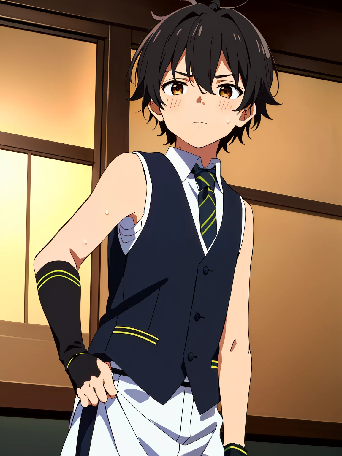 Highres, Masterpiece, Best quality at best,Best Quality,hight quality, hight detailed, 1boy, Boy,Messy hair, Side bangs, Shota, Sweat, Sleeveless vest, Tie, Glove, Depth of field, Anime screencap style, thin line, Seen from the front, Little sweat, Consert, Cute boy, (very small and short stature), (very young boy), s, Blurry and simple beckground, bokeh, Uhd