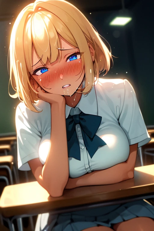 tanned 1woman in school-uniform, blond medium bob hair, glowing blue eyes, lipstick, parted lips, blushing, embarrassed, POV, too drunk, soft breast, (she is in disbelieve that she just experienced orgasm), trembling, visible heavy breathing, indoors, classroom, table, night, (soft-light, HDR, bokeh, lens-flare), (NSFW:0.4)