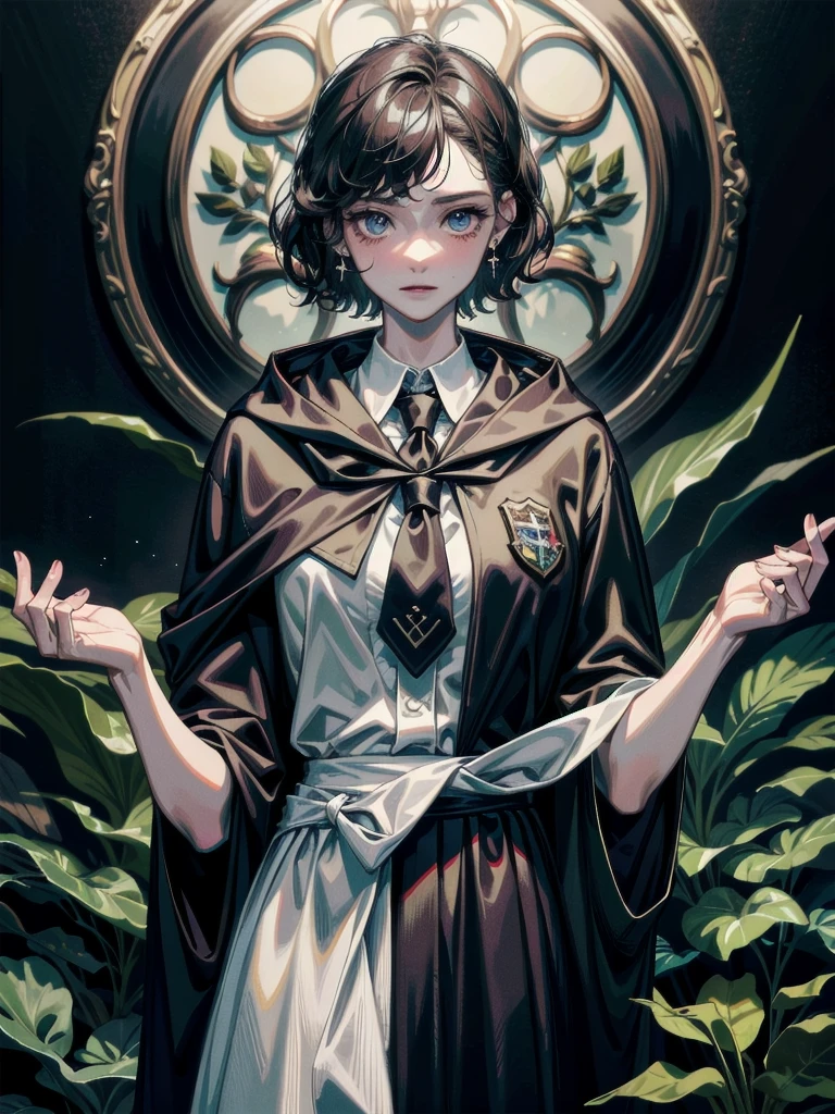whole body, dark forest, hogwarts teacher, necktie, cloak, skirt, floresta Negra, absurdres, RAW photo, extremely delicate and beautiful, masterpiece, Best Quality, ultra high resolution, 32k, hyperrealistic, ultra-detailed, detailed description, pale skin, 20 years old, detailed beautiful face and eyes, tearful mole, earring, Colossal tits, short medium hair, wavy hair,