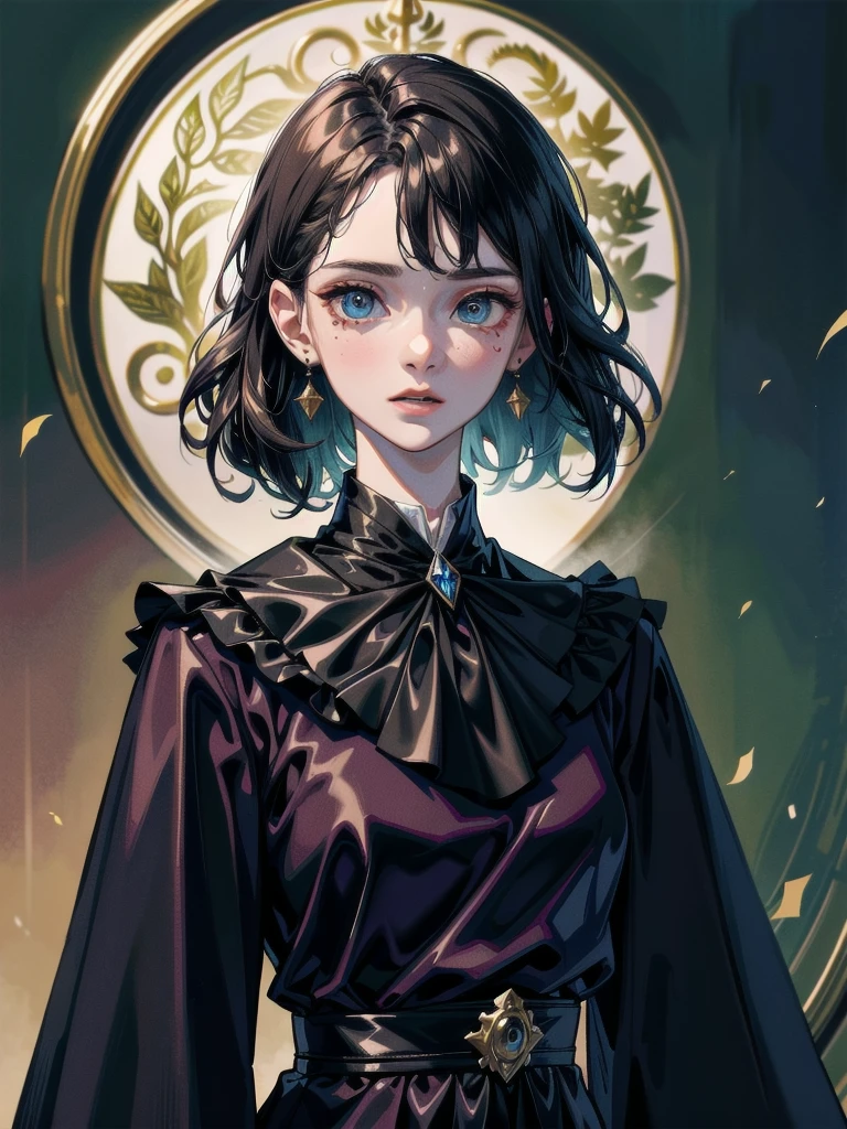whole body, dark forest, hogwarts teacher, necktie, cloak, skirt, floresta Negra, absurdres, RAW photo, extremely delicate and beautiful, masterpiece, Best Quality, ultra high resolution, 32k, hyperrealistic, ultra-detailed, detailed description, pale skin, 20 years old, detailed beautiful face and eyes, tearful mole, earring, Colossal tits, short medium hair, wavy hair,