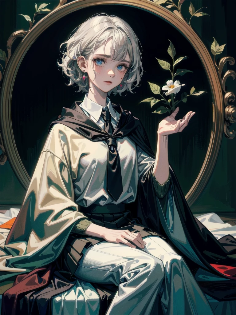 whole body, dark forest, hogwarts teacher, necktie, cloak, skirt, floresta Negra, absurdres, RAW photo, extremely delicate and beautiful, masterpiece, Best Quality, ultra high resolution, 32k, hyperrealistic, ultra-detailed, detailed description, pale skin, 20 years old, detailed beautiful face and eyes, tearful mole, earring, Colossal tits, short medium hair, wavy hair,