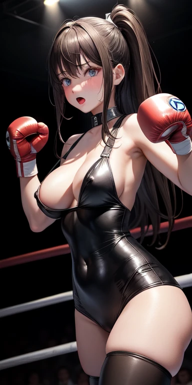 actual, 1 girl, Long hair,   Bodysuit，Black tights，open mouth, blush, Boxing gloves，Cleavage，nipple，Boxing ring，Throw a punch