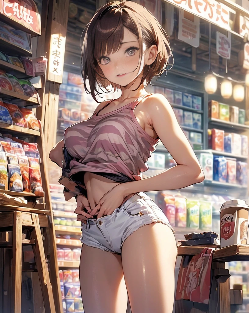 (masterpiece, Best Quality, ultra-detailed, high resolution, extremely detailed CG, official art, Professional Lighting, Perfect Anatomy, anime colors), (from below), looking at viewer, cowboy shot, perfect body, 24yo beautiful 1girl, medium hips, glamorous body,a small face,beautiful-makeup,Makeup light,Shortcut Hair,dark brown hair、Bust b Cup, Amazing Cleavage, thin waist, big ass, Raised sexy, big breast: 1.2 posed cleavage:1.2, (off shoulders,Sportsbra,legginullnude), micro denim shorts, bare legs, nail_polish, pale skin, Waiting friend, (morning:1.5), tokyo, (convenience store:1.3), outdoor, (depth of field:1.3), contrapposto, (Hold a coffee in your hand:1.3),delicate beautiful face, Bright magenta eyes, cute eyes, sparkling eyes, Big eyes, (big breasts:1.3), (perky chest:1.1), (pointed chest:1.3), looking at viewer,