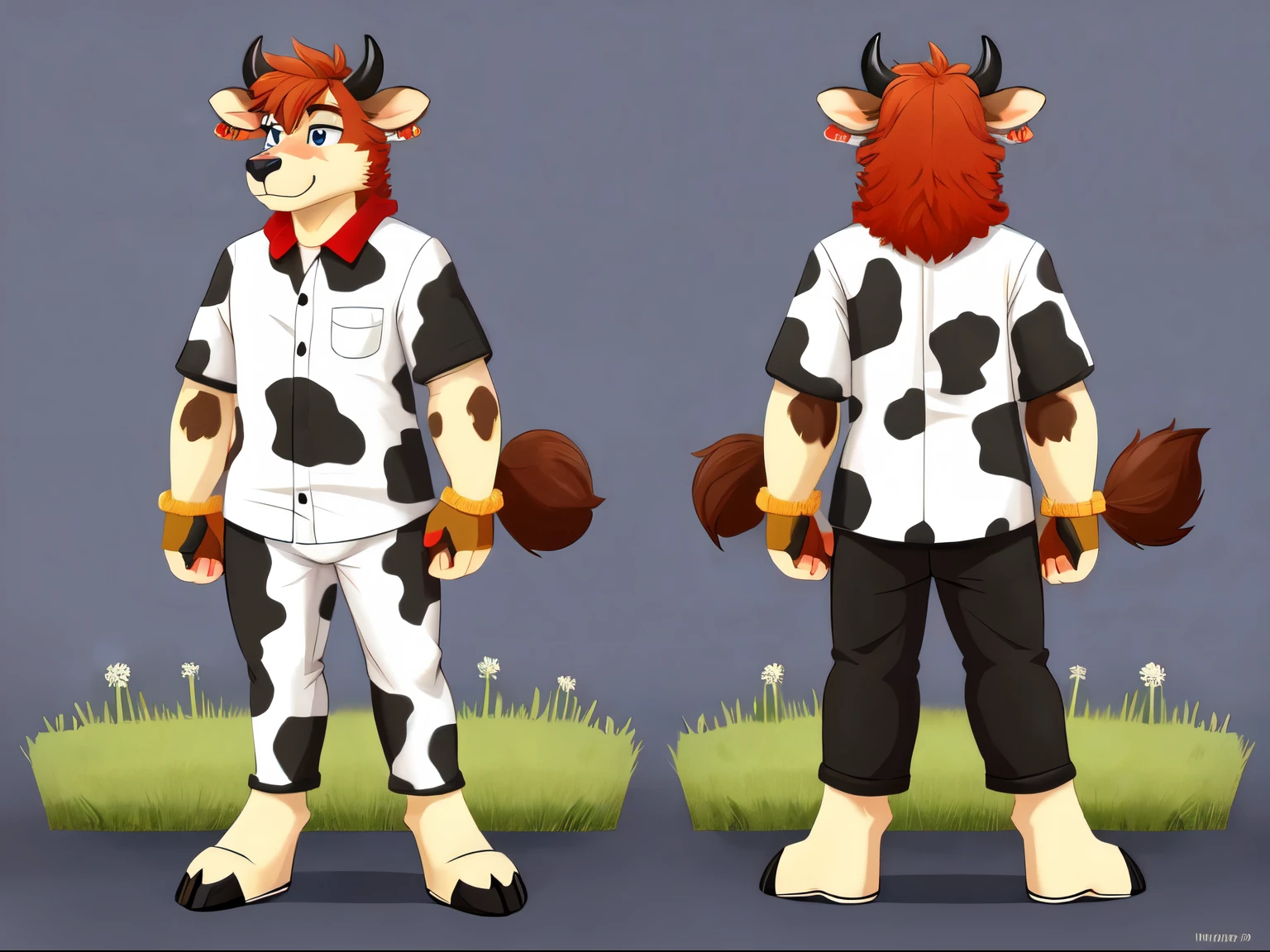 cow, furry, anthro, black and white fur, spots, black , pink nose, white horns, black ears, naked, male, reference sheet , multiple views ,score_6_up, score_5_up, score_4_up,