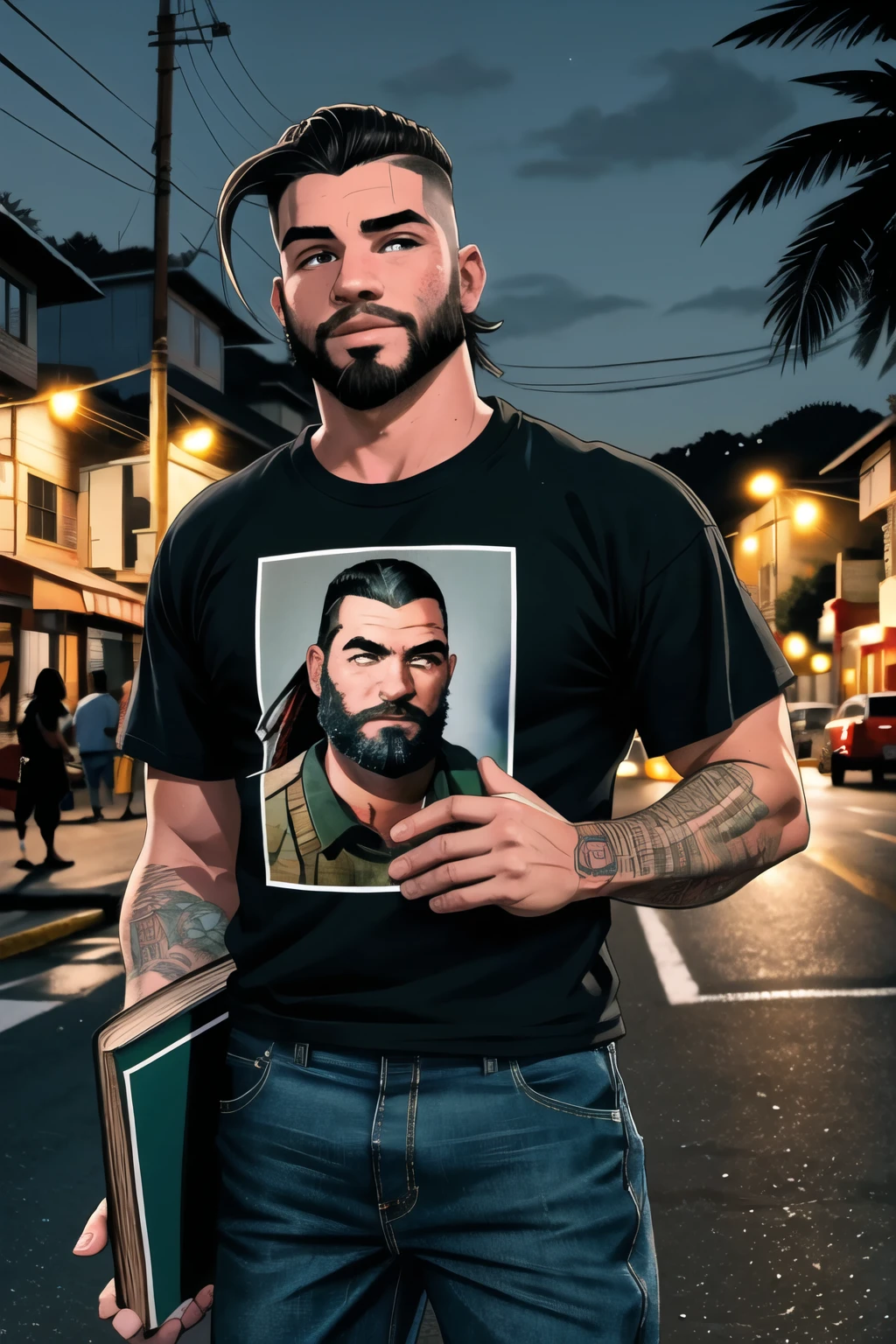 Wholesome candid photo of a 20 year old redneck bully dg_Dale garoto, cabelo ruivo escuro curto, fotorrealista, hiperdetalhado, Sozinho, ruas, rosto raspado, ao ar livre, night time, vestindo um moletom, pants, Camisa, sharp focus,