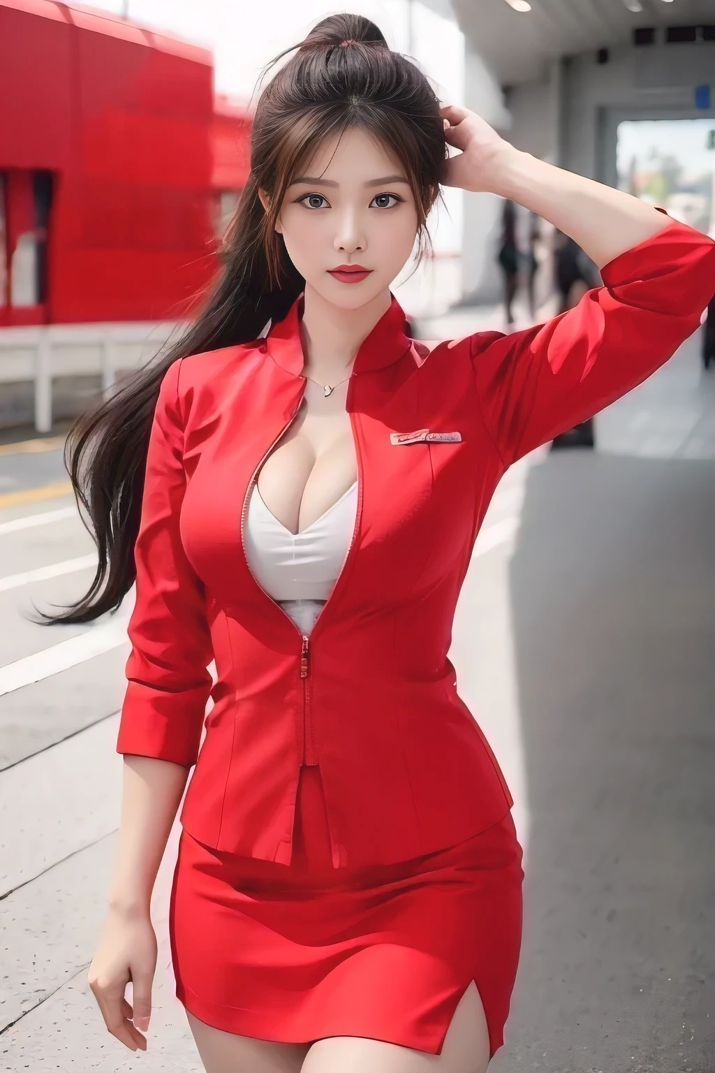 AirAsia red jacket uniform、Long hair down to the legs、Dark brown hair、Hair tied up、Tie your hair back in a ponytail、Luxury earrings、Captivating look、Blue Eyes、Young Asian Woman、