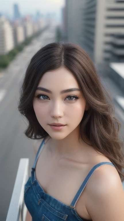 (born, analog, Nikon Z 14mm Ultra Wide Angle Lens, 受賞歴のある魅力的なphotograph, ((highest quality)), ((masterpiece)), ((Realistic)), Skin pores, Scattered beneath the surface, Radiation, High resolution, Detailed facial features, Attention to detail, Sharp focus, Smooth, beautiful, Very detailed, (Very detailed eyes, Very detailed iris), Very detailed hair, Very detailed skin, Very detailed clothes, Octane Rendering, photoRealistic, Realistic, Post-processing, maximum detail, Realistic shadows, Roughness, Natural skin texture, 実born活, ultra-Realistic, Photorealism, photograph, 8K Ultra HD, photograph, High resolution, Complex, elegant, Very detailedな, Sharp focus, amazing, beautiful, nice), (masterpiece:1.2, highest quality1:1, Very detailedな:1.2, Best Shadow, 8k:1.1), (Huge city:1.3, rooftop:1.1, The urban structure below, handrail), (Contrasting Background, Light background), (beautiful detailed face), High Contrast, (Perfect lighting:1.2, beautiful color, Delicate colors), ((Cinematic Light)), colorful, Hyper Detail, Dramatic Light, Complex details, (1 girl, alone, Brown Hair, smile, short hair, Wavy Hair:1.1, blue eyes, Dynamic Angle, White tank top, jeans, Cowboy Shot, Put your arms down), Depth of written boundary