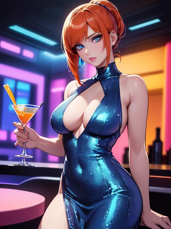 (best quality, highres, ultra-detailed, realistic:1.37), 1girl, solo, ((32 years old, wearing a blue sequin dress, medium breasts, short orange hair, pony tail styled hair, pale skin, natural makeup, perfect model body:1.3, detailed blue eyes:1.5, beautiful detailed lips, extremely detailed face, long eyelashes, looking at the viewer, holding a martini glass)), sci-fi, digital art, futuristic coloring, vibrant lighting, (Background: Indoors, night club, bar, neon lights, futuristic, Sci-Fi, cyberpunk theme, futuristic technology in the background)