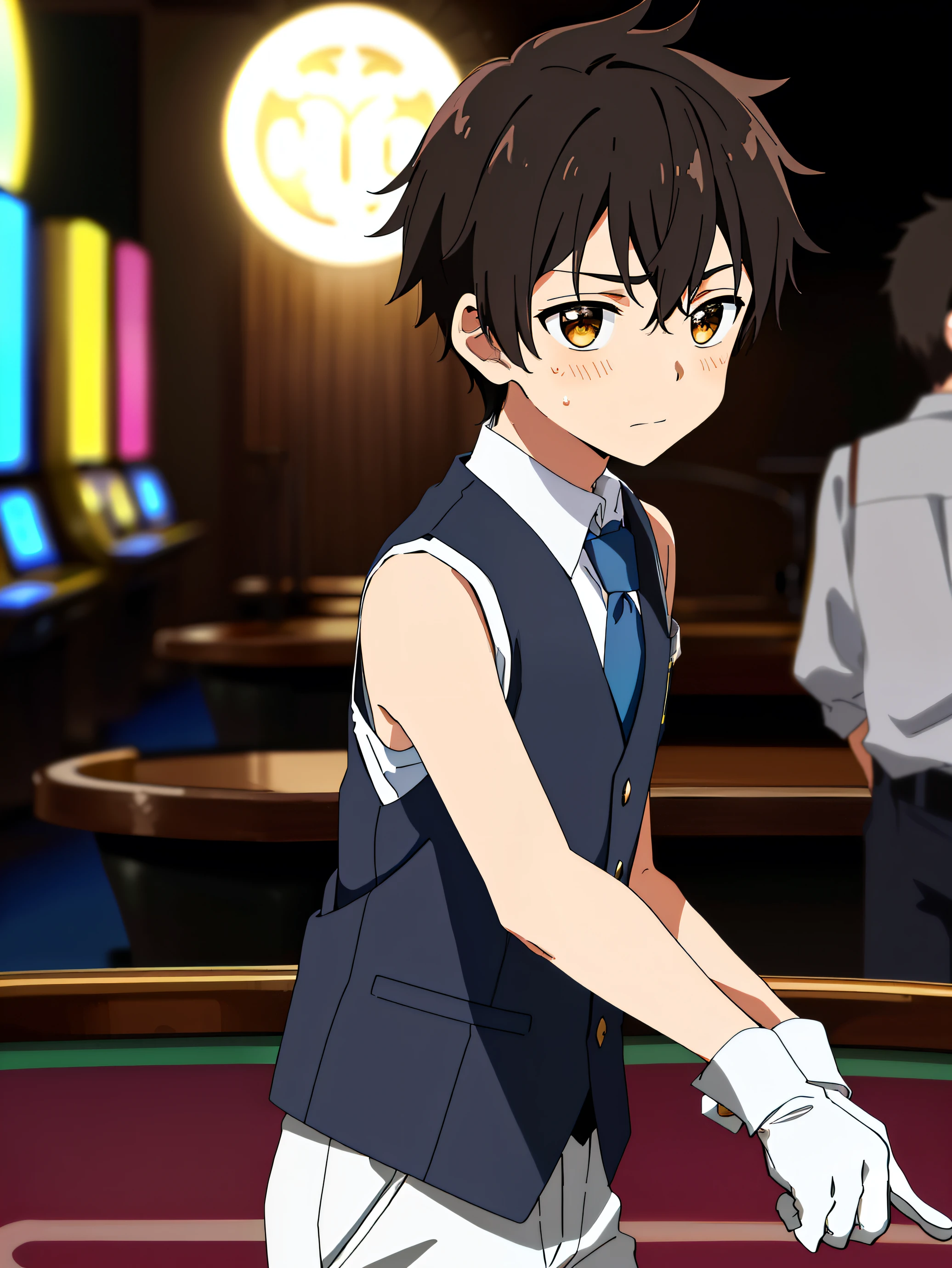 Highres, Masterpiece, Best quality at best,Best Quality,hight quality, hight detailed, 1boy, Boy,Messy hair, Side bangs, Shota, Sweat, Sleeveless vest, Tie, Glove, Depth of field, Anime screencap style, thin line, Seen from the front, Little sweat, Casino, Cute boy, (very small and short stature), (very young boy), -yeld bo Blurry and simple beckground, bokeh, Uhd