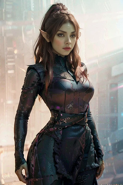 hyper realistic, 16k, best quality, masterpiece, (photorealistic:1.4), 1girl (alternative elf), Pretty young, Dream aesthetic, solo, red silky hair (realistic texture), pointed ears, realistic eyes, pale-green skin, illuminated skin, realistic shading, (modern) black gothic dress (realistic textures), big hips, tights. waist up, dramatic lighting, from below, front, front view, multiple different poses at different angles, glowing skin, front, back lighting, athletic figure, muscular female, curvy, wide hips, colorful, looking at viewer, Hyperrealistic, gradient background, dark background, outline, cinematic lighting, (chromatic aberration, intricate details)
