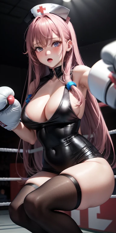 actual, 1 girl, Long hair, Nurse uniform,Black tights,open mouth, blush, Boxing gloves,Cleavage,nipple,Boxing ring,Throw a punch