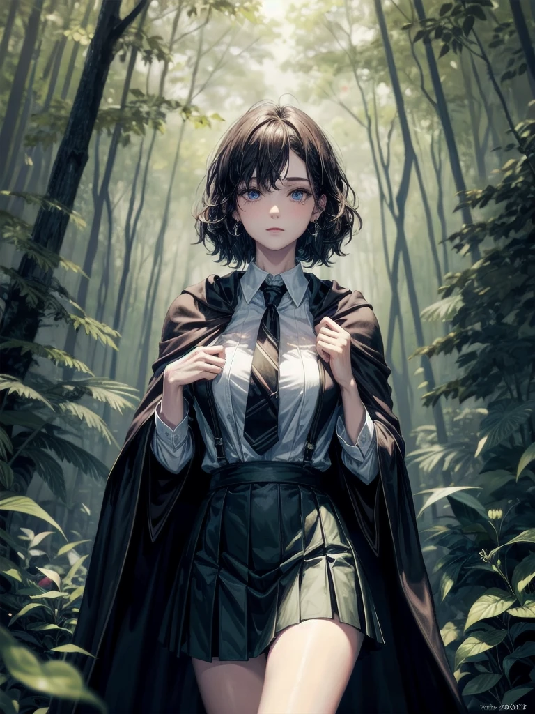 whole body, dark forest, hogwarts teacher, necktie, cloak, skirt, floresta Negra, absurdres, RAW photo, extremely delicate and beautiful, masterpiece, Best Quality, ultra high resolution, 32k, hyperrealistic, ultra-detailed, detailed description, pale skin, 20 years old, detailed beautiful face and eyes, tearful mole, earring, Colossal tits, short medium hair, wavy hair,