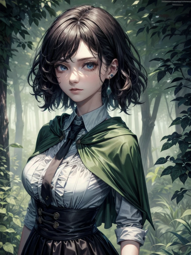whole body, dark forest, hogwarts teacher, necktie, cloak, skirt, floresta Negra, absurdres, RAW photo, extremely delicate and beautiful, masterpiece, Best Quality, ultra high resolution, 32k, hyperrealistic, ultra-detailed, detailed description, pale skin, 20 years old, detailed beautiful face and eyes, tearful mole, earring, Colossal tits, short medium hair, wavy hair,