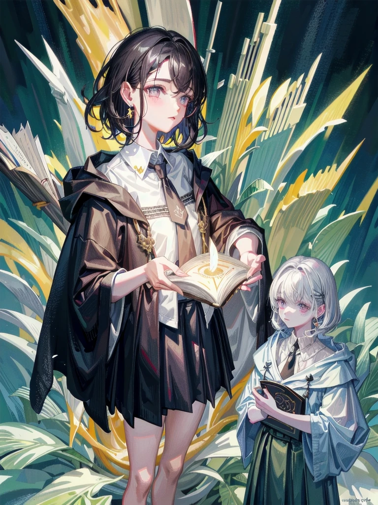 whole body, dark forest, hogwarts teacher, necktie, cloak, skirt, floresta Negra, absurdres, RAW photo, extremely delicate and beautiful, masterpiece, Best Quality, ultra high resolution, 32k, hyperrealistic, ultra-detailed, detailed description, pale skin, 20 years old, detailed beautiful face and eyes, tearful mole, earring, Colossal , short medium hair, wavy hair,