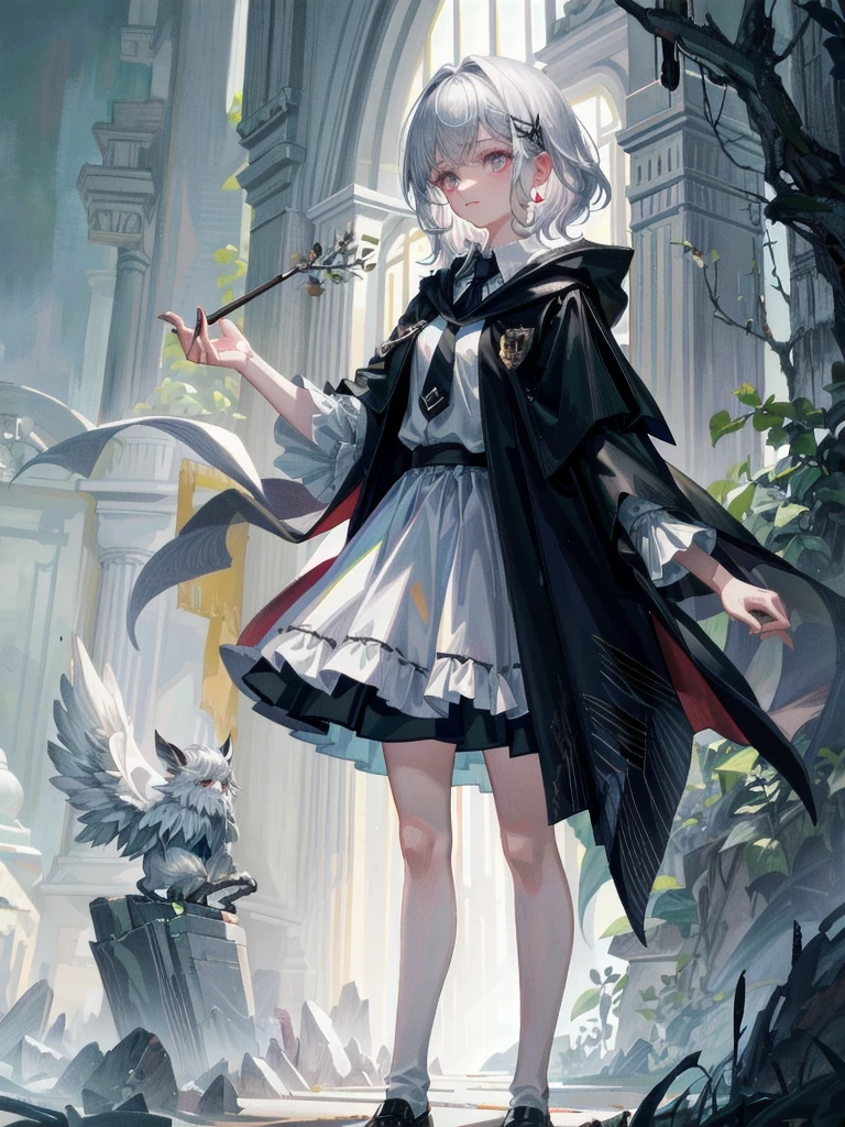 whole body, dark forest, hogwarts teacher, necktie, cloak, skirt, floresta Negra, absurdres, RAW photo, extremely delicate and beautiful, masterpiece, Best Quality, ultra high resolution, 32k, hyperrealistic, ultra-detailed, detailed description, pale skin, 20 years old, detailed beautiful face and eyes, tearful mole, earring, Colossal tits, short medium hair, wavy hair,