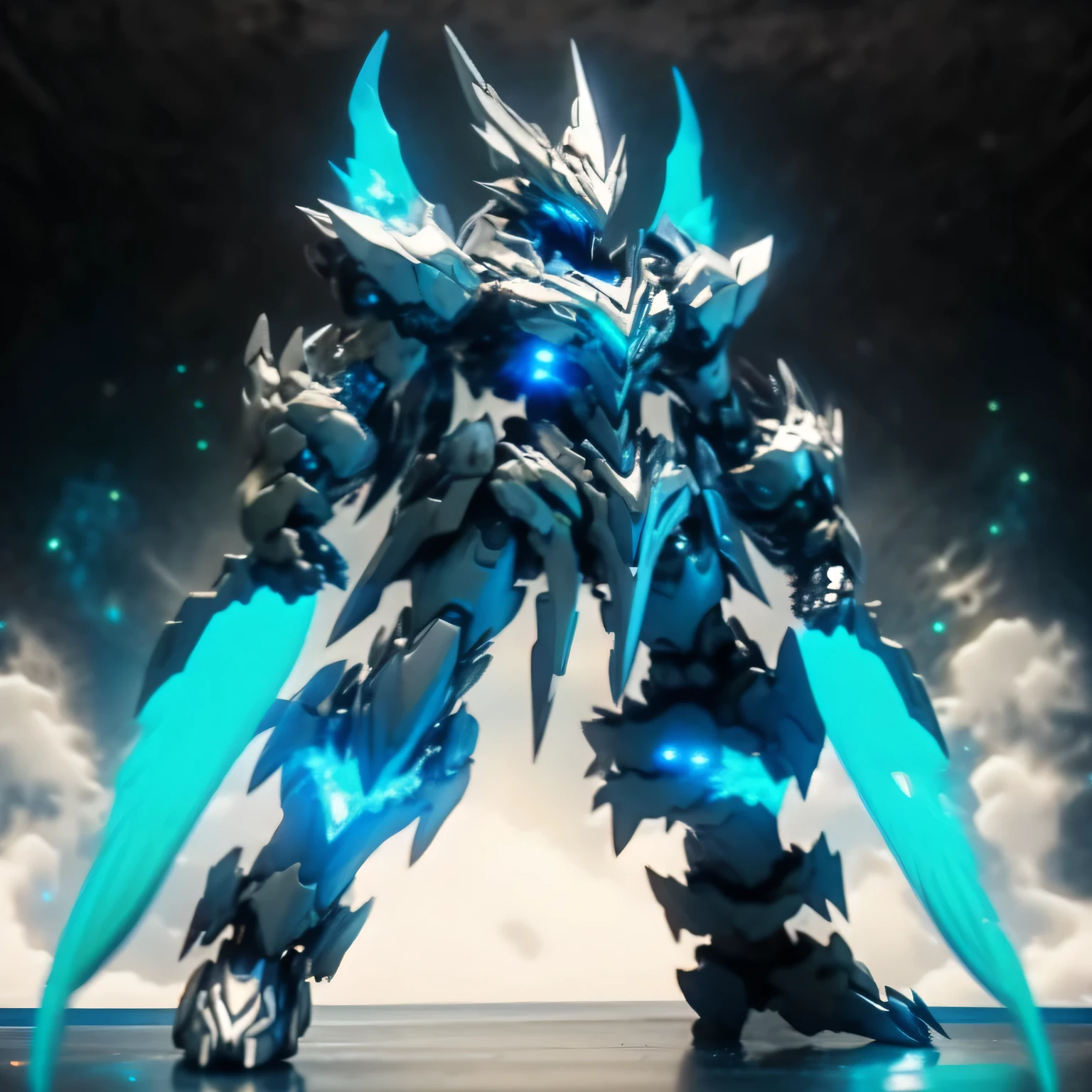 Full Body, Blue and White, Fox, Robot, Mystical Blue Flames, Sharp Claw Hands, Symmetrical, Glowing Weapon