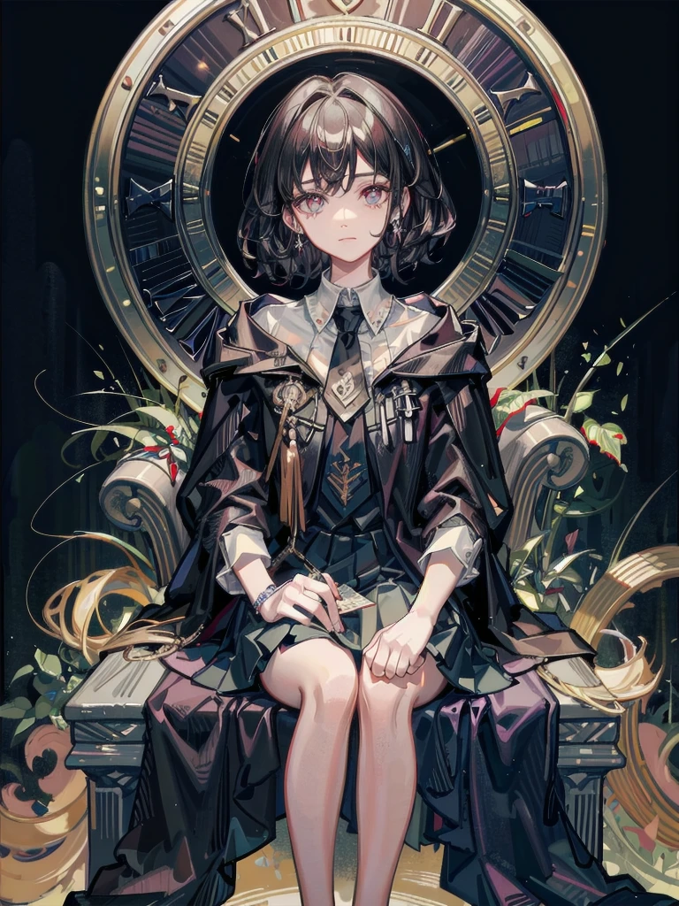 whole body, dark forest, hogwarts teacher, necktie, cloak, skirt, floresta Negra, absurdres, RAW photo, extremely delicate and beautiful, masterpiece, Best Quality, ultra high resolution, 32k, hyperrealistic, ultra-detailed, detailed description, pale skin, 20 years old, detailed beautiful face and eyes, tearful mole, earring, Colossal tits, short medium hair, wavy hair,