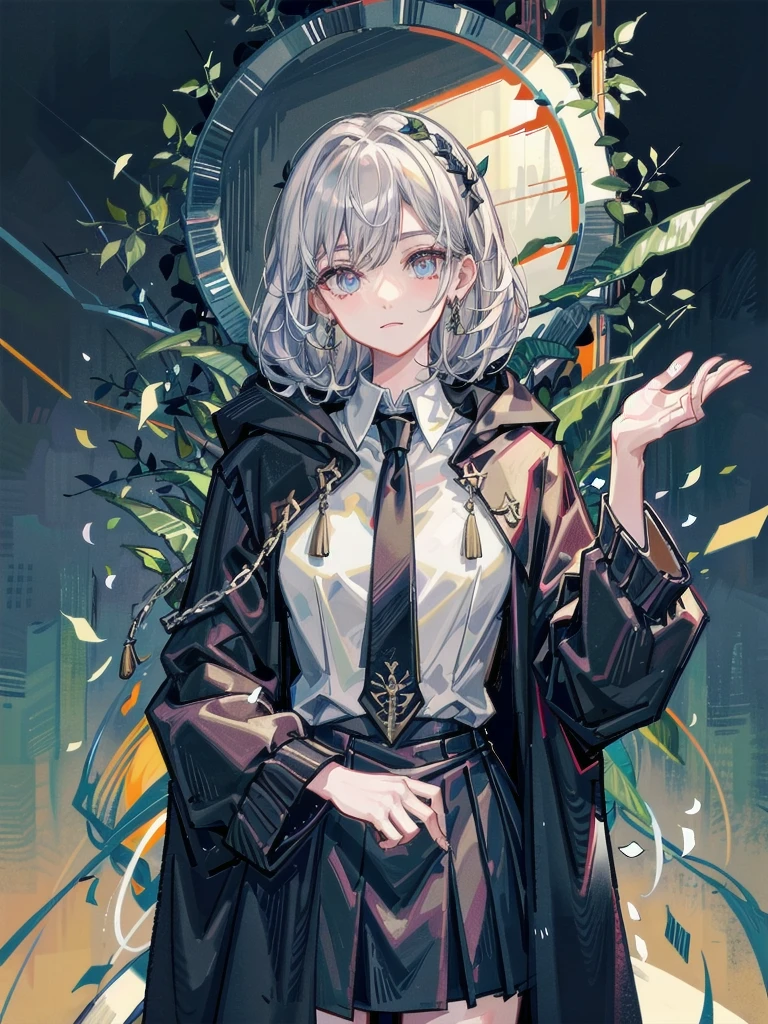 whole body, dark forest, hogwarts teacher, necktie, cloak, skirt, floresta Negra, absurdres, RAW photo, extremely delicate and beautiful, masterpiece, Best Quality, ultra high resolution, 32k, hyperrealistic, ultra-detailed, detailed description, pale skin, 20 years old, detailed beautiful face and eyes, tearful mole, earring, Colossal tits, short medium hair, wavy hair,