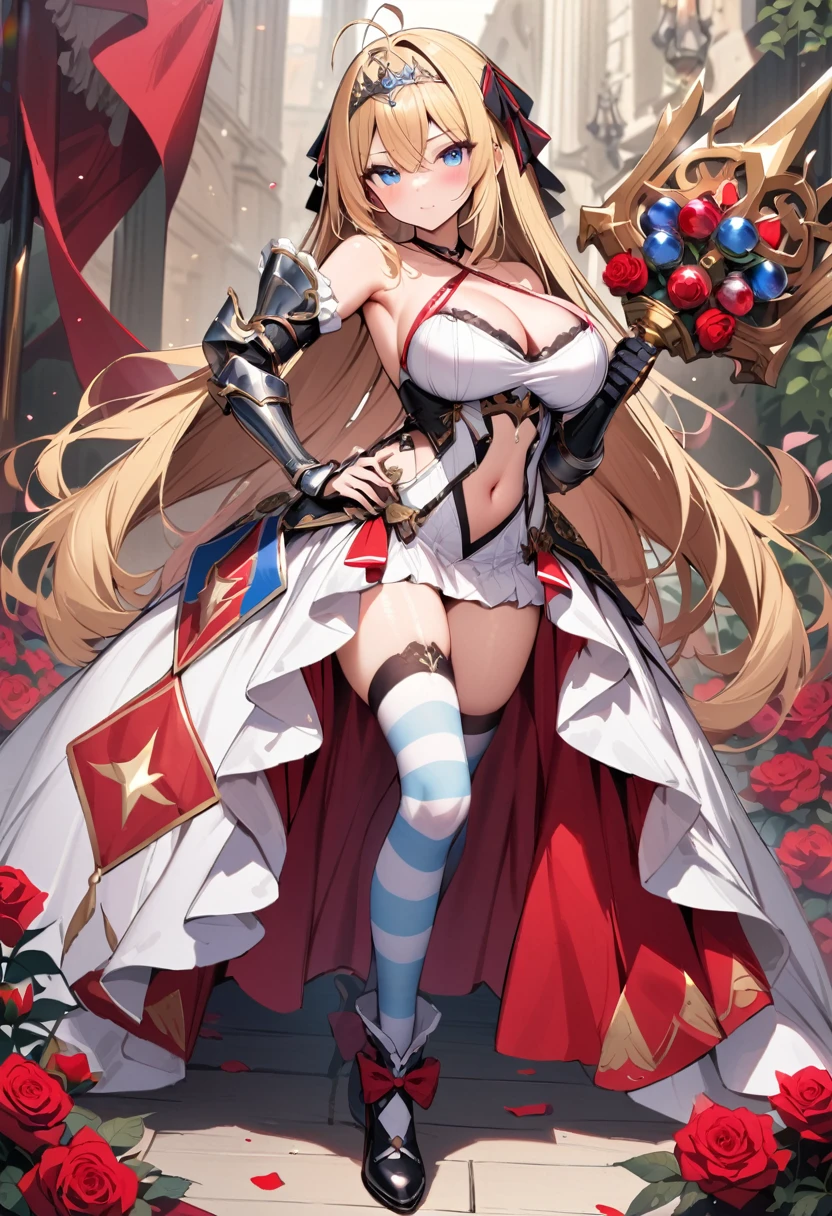 Masterpiece, Best quality, 1girl, solo, long-hair, thighhighs, breasts, striped, blonde-hair, flower, blue-eyes, rose, striped-thighhighs, full-body, dress, looking-at-viewer, blush, tiara, detached-sleeves, cleavage, big-breasts, holding, bare-shoulders, closed-mouth, black-footwear, white-dress, standing, red-rose, hand-on-hip, bow, bangs, very-long-hair, ahoge, red-flower, hair-between-eyes, gauntlets, halterneck, red-bow, frills, shoes, skirt, footwear-bow, armpits, flag, antenna-hair, criss-cross-halter, weapon, collarbone, clothing-cutout, crown, floral-print, headpiece, ((exposed navel)), short skirt