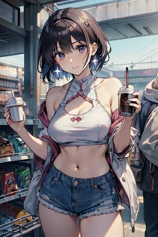 (masterpiece, Best Quality, ultra-detailed, high resolution, extremely detailed CG, official art, Professional Lighting, Perfect Anatomy, anime colors), (from below), looking at viewer, cowboy shot, perfect body, 24yo beautiful 1girl, medium hips, glamorous body,a small face,beautiful-makeup,Makeup light,Shortcut Hair,dark brown hair、Bust b Cup, Amazing Cleavage, thin waist, big ass, Raised sexy, big breast: 1.2 posed cleavage:1.2, (off shoulders,Sportsbra,legginullnude), micro denim shorts, bare legs, nail_polish, pale skin, Waiting friend, (morning:1.5), tokyo, (convenience store:1.3), outdoor, (depth of field:1.3), contrapposto, (Hold a coffee in your hand:1.3),delicate beautiful face, Bright magenta eyes, cute eyes, sparkling eyes, Big eyes, (big breasts:1.3), (perky chest:1.1), (pointed chest:1.3), looking at viewer,
