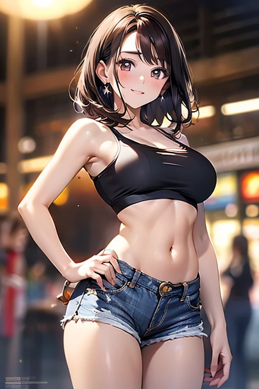 (masterpiece, Best Quality, ultra-detailed, high resolution, extremely detailed CG, official art, Professional Lighting, Perfect Anatomy, anime colors), (from below), looking at viewer, cowboy shot, perfect body, 24yo beautiful 1girl, medium hips, glamorous body,a small face,beautiful-makeup,Makeup light,Shortcut Hair,dark brown hair、Bust b Cup, Amazing Cleavage, thin waist, big ass, Raised sexy, big breast: 1.2 posed cleavage:1.2, (off shoulders,Sportsbra,legginullnude), micro denim shorts, bare legs, nail_polish, pale skin, Waiting friend, (morning:1.5), tokyo, (convenience store:1.3), outdoor, (depth of field:1.3), contrapposto, (Hold a coffee in your hand:1.3),delicate beautiful face, Bright magenta eyes, cute eyes, sparkling eyes, Big eyes, (big breasts:1.3), (perky chest:1.1), (pointed chest:1.3), looking at viewer,
