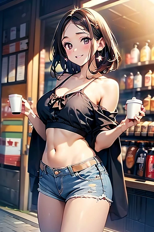 (masterpiece, Best Quality, ultra-detailed, high resolution, extremely detailed CG, official art, Professional Lighting, Perfect Anatomy, anime colors), (from below), looking at viewer, cowboy shot, perfect body, 24yo beautiful 1girl, medium hips, glamorous body,a small face,beautiful-makeup,Makeup light,Shortcut Hair,dark brown hair、Bust b Cup, Amazing Cleavage, thin waist, big ass, Raised sexy, big breast: 1.2 posed cleavage:1.2, (off shoulders,Sportsbra,legginullnude), micro denim shorts, bare legs, nail_polish, pale skin, Waiting friend, (morning:1.5), tokyo, (convenience store:1.3), outdoor, (depth of field:1.3), contrapposto, (Hold a coffee in your hand:1.3),delicate beautiful face, Bright magenta eyes, cute eyes, sparkling eyes, Big eyes, (big breasts:1.3), (perky chest:1.1), (pointed chest:1.3), looking at viewer,
