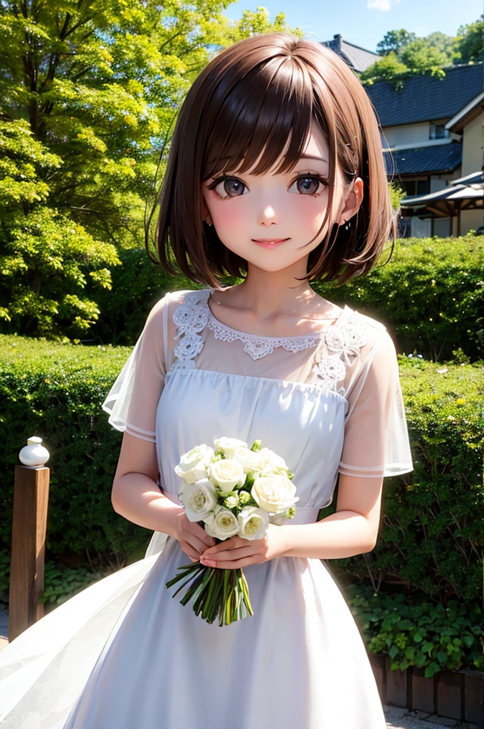 Brown Hair Short Bob Big brown eyes White Dress flower flower畑 wedding smile