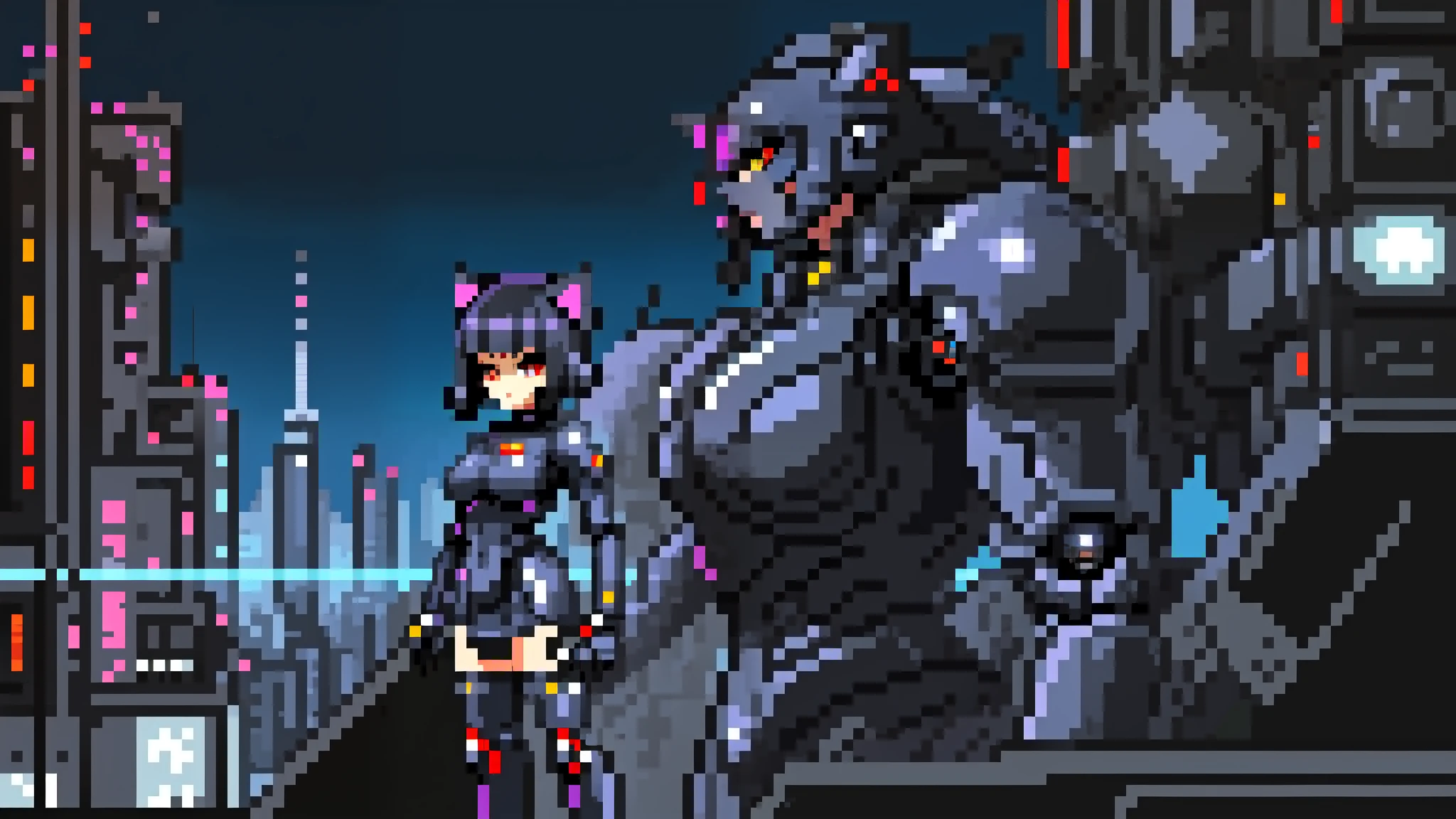 Una mujer con uniforme blindado negro, futuristic, Robot gigante, inspirado en Krenz Cushart, neoism, tipo, Oh!, anime gits, fondo de ciudad futurista, ambiente nocturno, junkotvv, orejas de gato