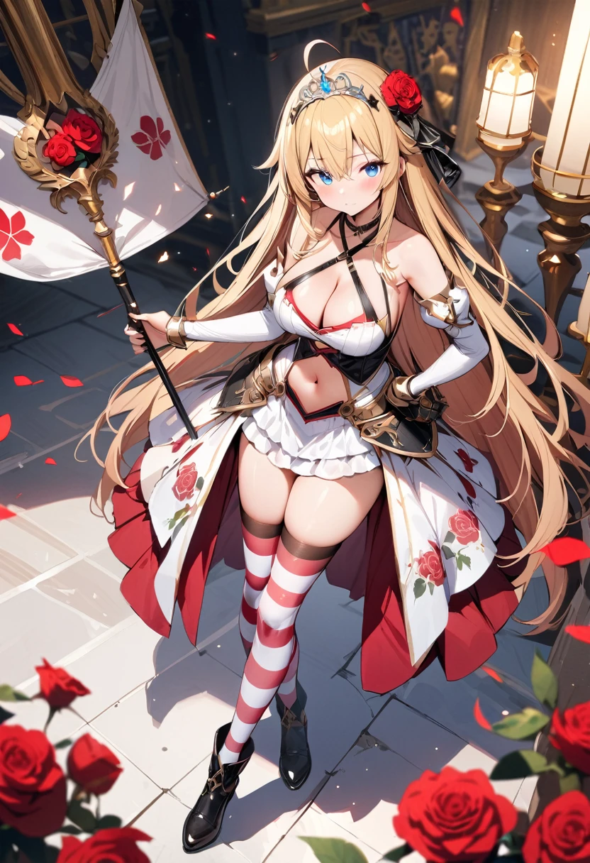 Masterpiece, Best quality, 1girl, solo, long-hair, thighhighs, breasts, striped, blonde-hair, flower, blue-eyes, rose, striped-thighhighs, full-body, dress, looking-at-viewer, blush, tiara, detached-sleeves, cleavage, big-breasts, holding, bare-shoulders, closed-mouth, black-footwear, white-dress, standing, red-rose, hand-on-hip, bow, bangs, very-long-hair, ahoge, red-flower, hair-between-eyes, gauntlets, halterneck, red-bow, frills, shoes, skirt, footwear-bow, armpits, flag, antenna-hair, criss-cross-halter, weapon, collarbone, clothing-cutout, crown, floral-print, headpiece, ((exposed navel)), short skirt
