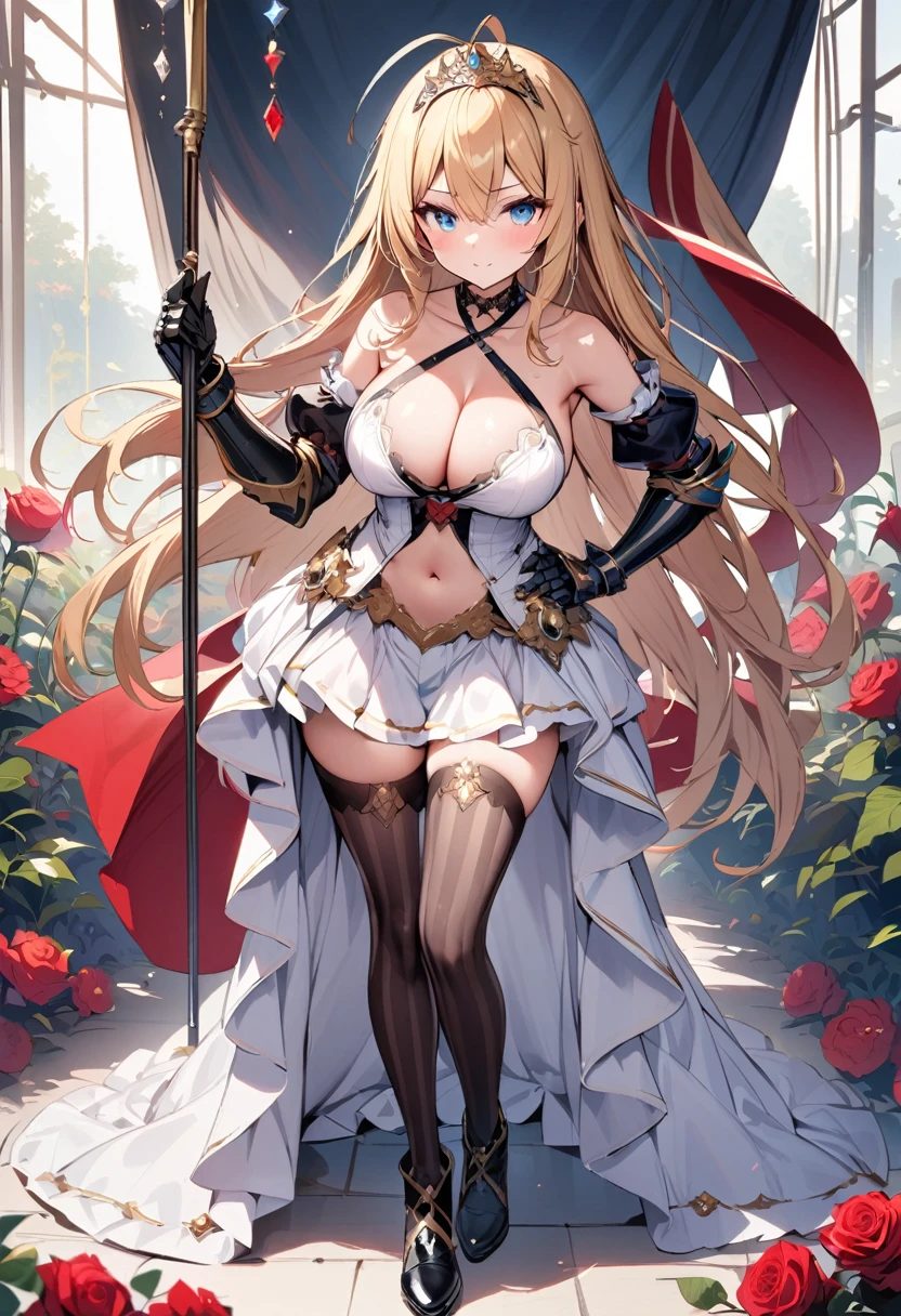 Masterpiece, Best quality, 1girl, solo, long-hair, thighhighs, breasts, striped, blonde-hair, flower, blue-eyes, rose, striped-thighhighs, full-body, dress, looking-at-viewer, blush, tiara, detached-sleeves, cleavage, big-breasts, holding, bare-shoulders, closed-mouth, black-footwear, white-dress, standing, red-rose, hand-on-hip, bow, bangs, very-long-hair, ahoge, red-flower, hair-between-eyes, gauntlets, halterneck, red-bow, frills, shoes, skirt, footwear-bow, armpits, flag, antenna-hair, criss-cross-halter, weapon, collarbone, clothing-cutout, crown, floral-print, headpiece, ((exposed navel)), short skirt