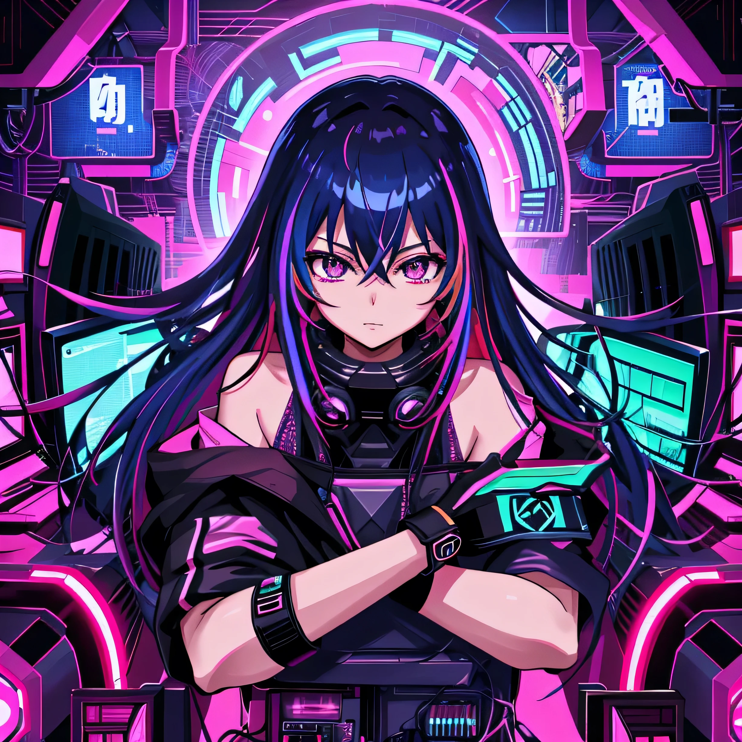 Anime boy or girl with cyberpunk flair, manga anime 2D style, vibrant colors illuminating the scene, a blend of dark and vibrant hues reflecting the futuristic world. The characters' intricate details were accentuated by the sharp lines and geometric shapes of the cyberpunk background. The HD 4K resolution showcased every detail, from the purple neon lights to the yellow and pink accents, creating a stunning wallpaper. Technicolor screens and pulsating displays adorned the computer technology, adding to the immersive atmosphere. The wallpaper's 4K HD ultra resolution allowed the colors and details to pop, transporting you into this stunning cyber